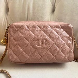 Vintage Chanel Caviar Camera Bag in nude color 24K Gold Plated Hardware